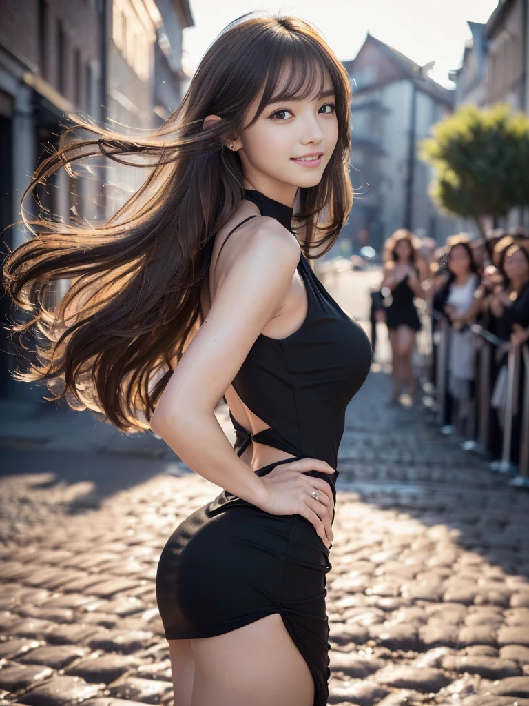 (((masterpiece:1.4, Highest quality:1.4, 8k, Ultra-high resolution, Physically Based Rendering))), Full body portrait, Super beautiful sexy Japanese women, Perfect body:1.1, 24-years-old, alone, Large eyes with great detail, Fine thin eyebrows, Eye highlights, No makeup, ((Super long light brown hair:1.1, bangs)), ((A strong wind blows her hair away:1.4)), Highly detailed face and skin texture, Clear focus:1.2, Slender beauty:1.4, Slim Abs, Tight waist, (Embarrassing:1.6, blush:1.2, smile), ((Huge breasts:1.7, Side bust:1.3)), ((Fitted transparent black mermaid dress:1.4, Halter neck)),((Butt crack:1.3, Only the waist, Bare back, Butt crack exposing:1.4)), Slim and long beautiful legs, (((Dynamic pose))), Looking up at the viewer, (Mode, Red carpet, A large number of people:1.5), Looking up at the viewer, ((European cobblestone road at night:1.4)),