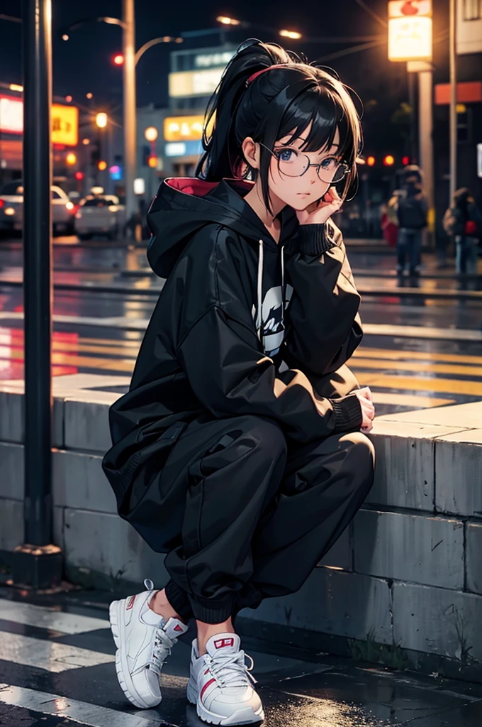 an anime girl sitting on the walkway in a city looking at the rain, 1girl, solo, shoes, hood, glasses, rain, sitting, ponytail, black hair, long hair, hoodie, sneakers, pants, blurry, black-framed eyewear, long sleeves, night, hood down, bangs, closed mouth, blurry background