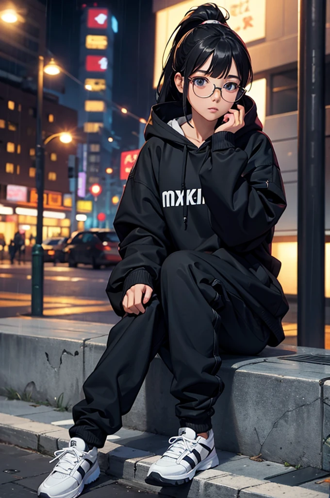 an anime girl sitting on the walkway in a city looking at the rain, 1girl, solo, shoes, hood, glasses, rain, sitting, ponytail, black hair, long hair, hoodie, sneakers, pants, blurry, black-framed eyewear, long sleeves, night, hood down, bangs, closed mouth, blurry background