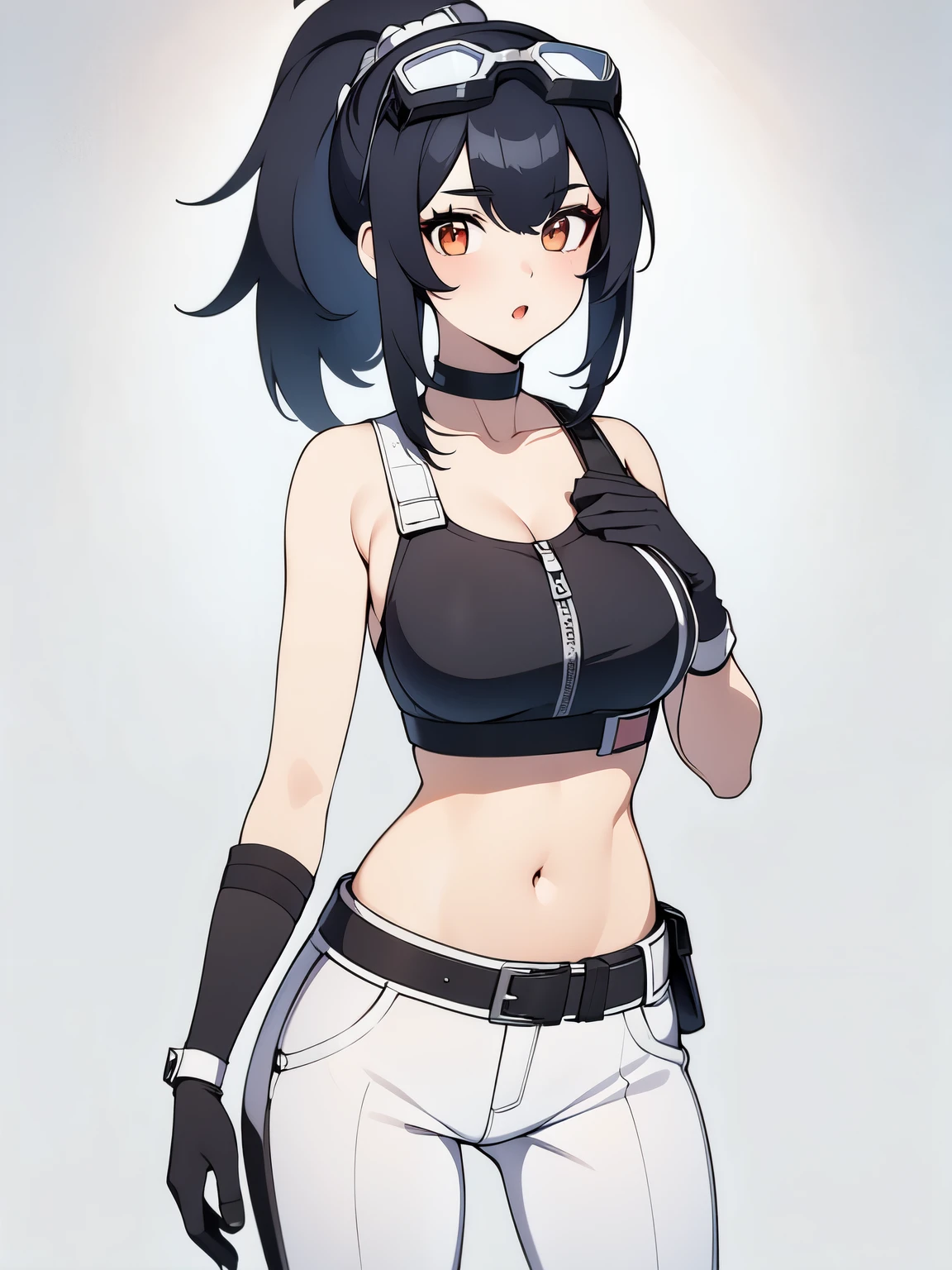 (masterpiece, best quality:1.2), 1girl, solo, Grace Howard, Grace Howard from Zenless Zone Zero, bare shoulders, black choker, black gloves, white gloves, black pants, black sports bra, elbow gloves, goggles on head, looking at viewer, low ponytail, medium breasts, midriff, navel, parted lips, white gloves, zipper, belt
