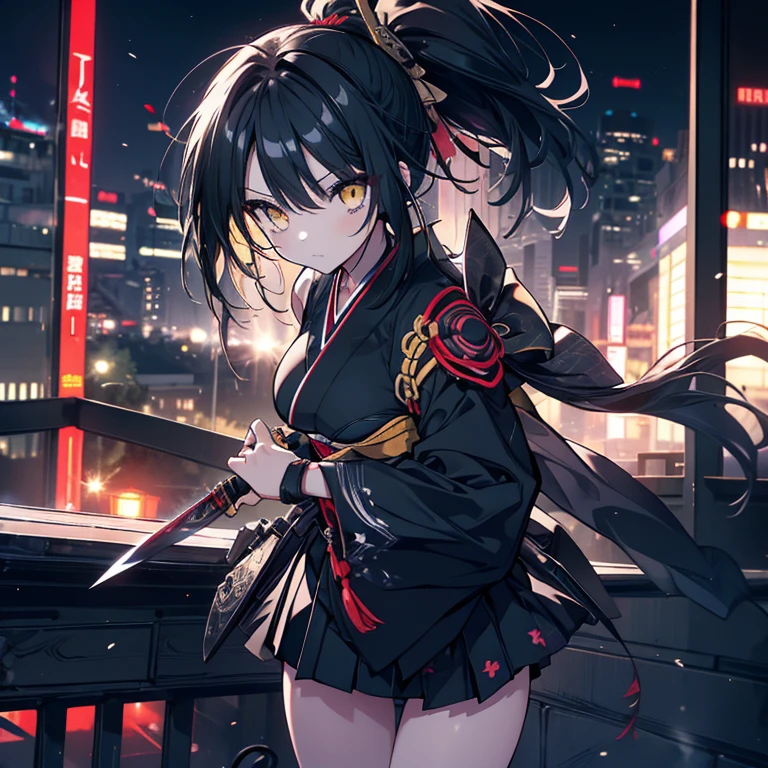 1 girl、Mature、Ample breasts、Long Hair、ponytail、Black Hair、Yellow Eyes、Ninja、kimono、Armament、Shoulder Bare、Miniskirt、Pointed handbag、knife、Downtown、Night view、Rooftop、cool、Battle Scenes、High resolution、Highest quality