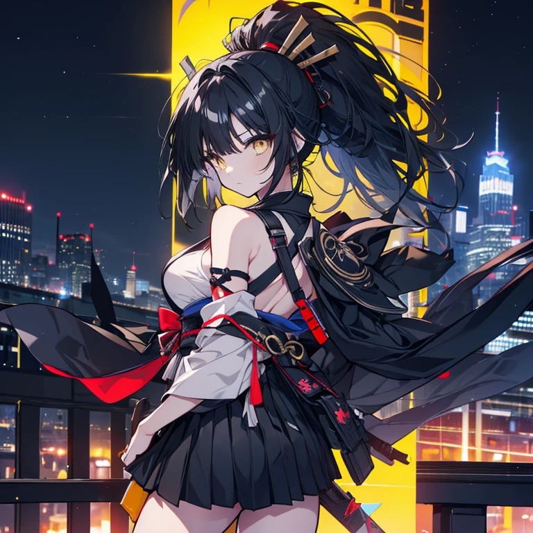 1 girl、Mature、Ample breasts、Long Hair、ponytail、Black Hair、Yellow Eyes、Ninja、kimono、Armament、Shoulder Bare、Miniskirt、Pointed handbag、knife、Downtown、Night view、Rooftop、cool、Battle Scenes、High resolution、Highest quality
