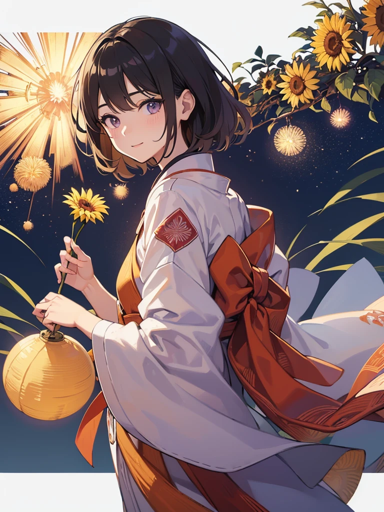 (White background: 1.4), (White dirt road, Oriental elements), (Nature illustration summer: 1.3, Paper art: 1.3, Quilted paper art: 1.2), (Reasonable design, clear lines, high definition, best quality, highly detailed, Maste piece, Cinematic light effects, 4K) (Sunflowers, Soap bubbles: 1.0), brown Short hair, purple eyes,kimono,Watch the fireworks,firework,summer night