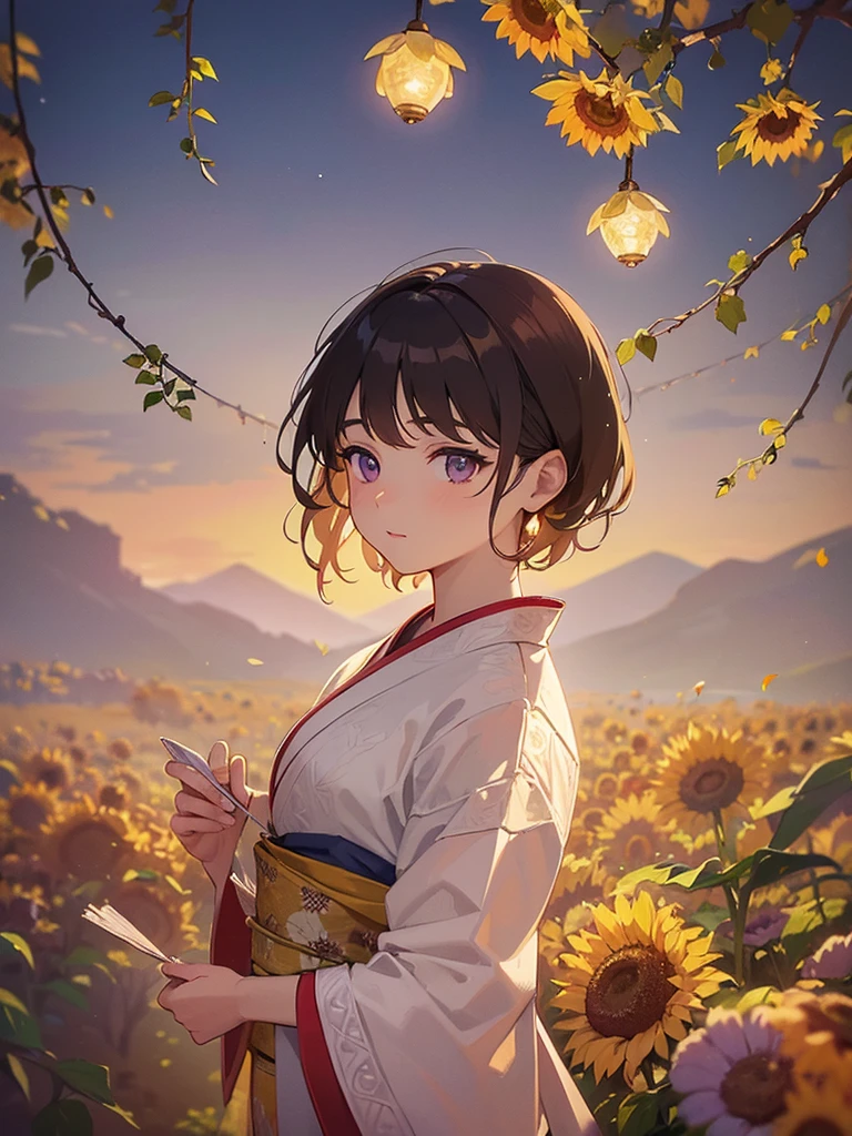 (White background: 1.4), (White dirt road, Oriental elements), (Nature illustration summer: 1.3, Paper art: 1.3, Quilted paper art: 1.2), (Reasonable design, clear lines, high definition, best quality, highly detailed, Maste piece, Cinematic light effects, 4K) (Sunflowers, Soap bubbles: 1.0), brown Short hair, purple eyes,kimono,Watch the fireworks,firework,summer night