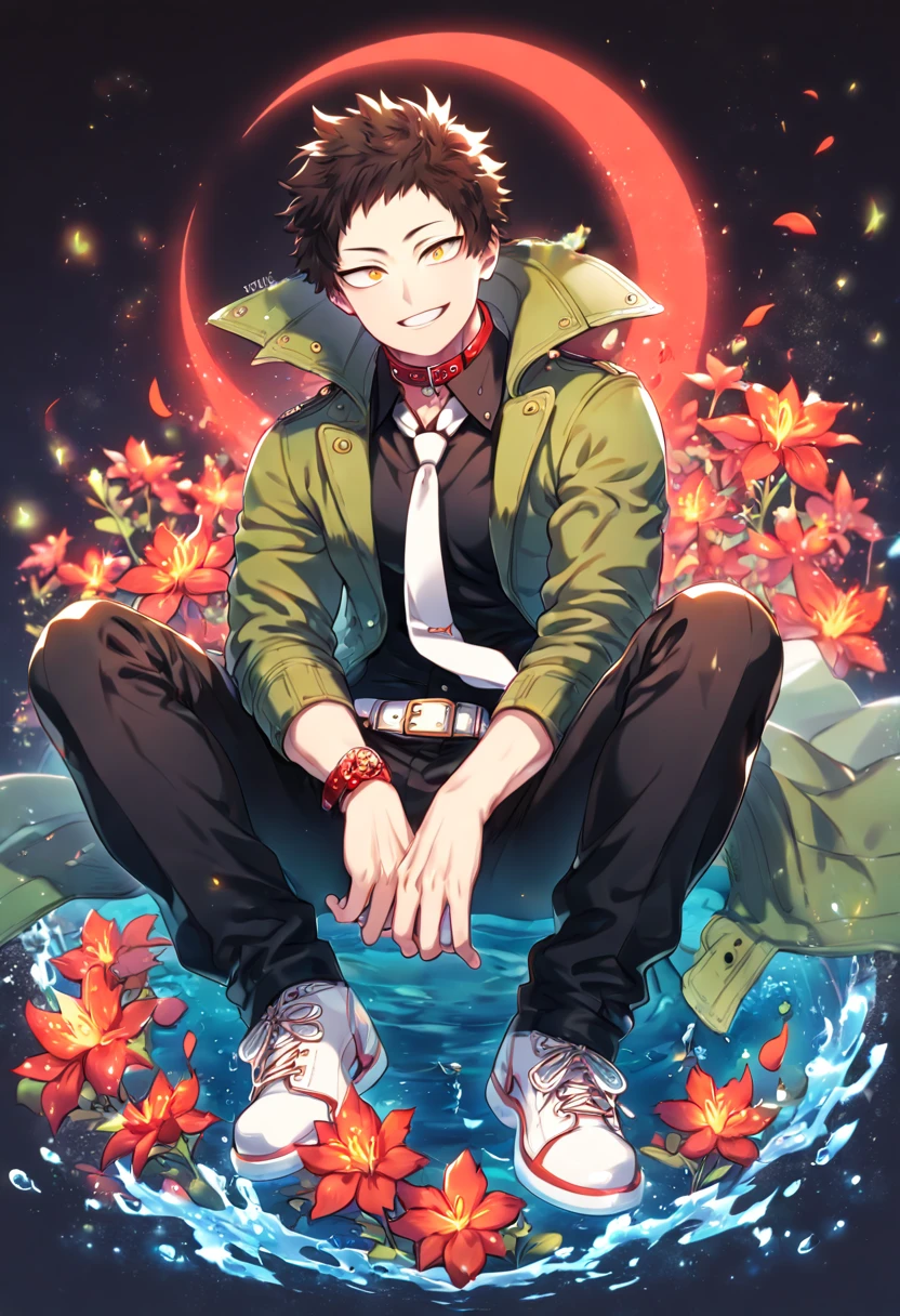 absurdres, highres, ultra detailed, HDR, master piece, Overhaul, dark brown hair, short hair, short bangs, expressive yellow eyes, green coat with a collar fur, black shirt, white necktie, black pants, white belt, white shoes, Boku No Hero Academia, sexy man sitting, handsome, best quality, red glittering crescent moon, red flowers, fantasy, magical, solo, water, red shining fireflies, red petals, sensual, handsome smile