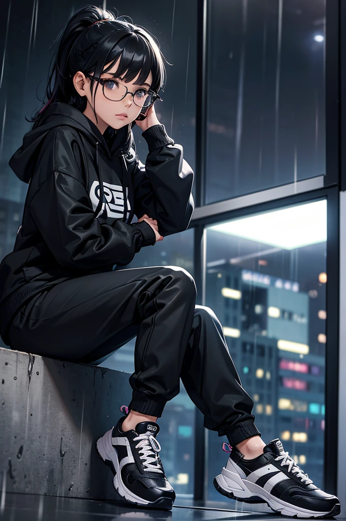 gothic girl sitting in an office with headset on looking out over the city, 1girl, solo, shoes, hood, glasses, rain, sitting, ponytail, black hair, long hair, hoodie, sneakers, pants, blurry, black-framed eyewear, long sleeves, night, hood down, bangs, closed mouth, blurry background