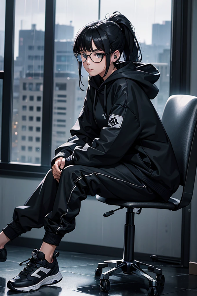 gothic girl sitting in an office with headset on looking out over the city, 1girl, solo, shoes, hood, glasses, rain, sitting, ponytail, black hair, long hair, hoodie, sneakers, pants, blurry, black-framed eyewear, long sleeves, night, hood down, bangs, closed mouth, blurry background