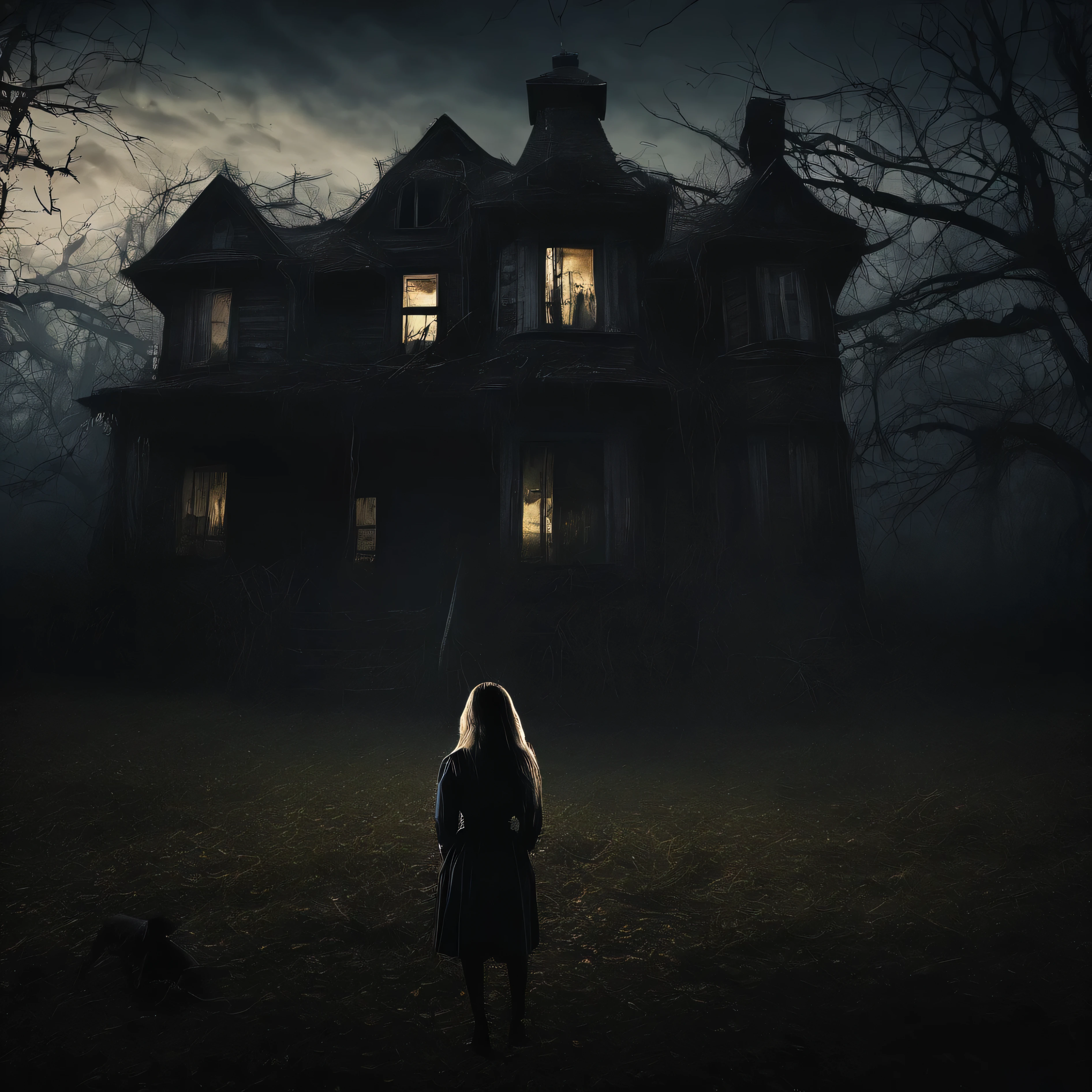 Create a horror scene featuring a frightened woman in an old, decrepit house. The woman should appear terrified, with wide eyes and a look of panic on her face. The house should be dark and eerie, with broken furniture, cobwebs, and dim lighting casting long shadows. The atmosphere should evoke a sense of dread and suspense.