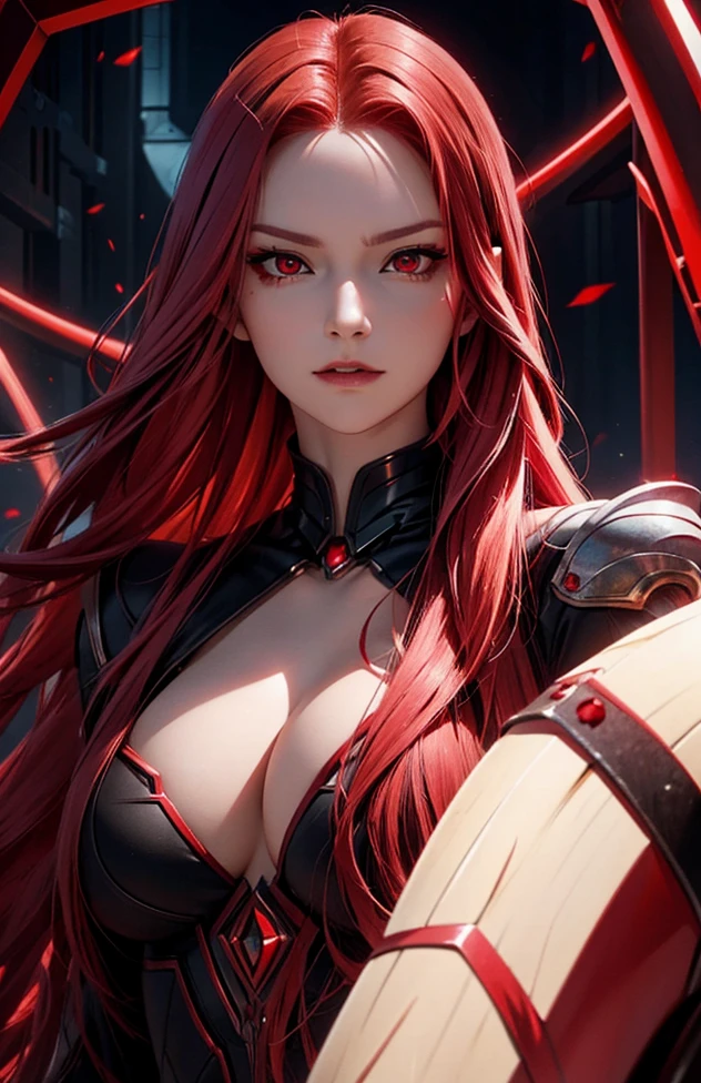 Red dragon woman with long hair straight, red hair colour, high detailed, realistic, ultra realistic, ((super villain)), red eyes, villainous