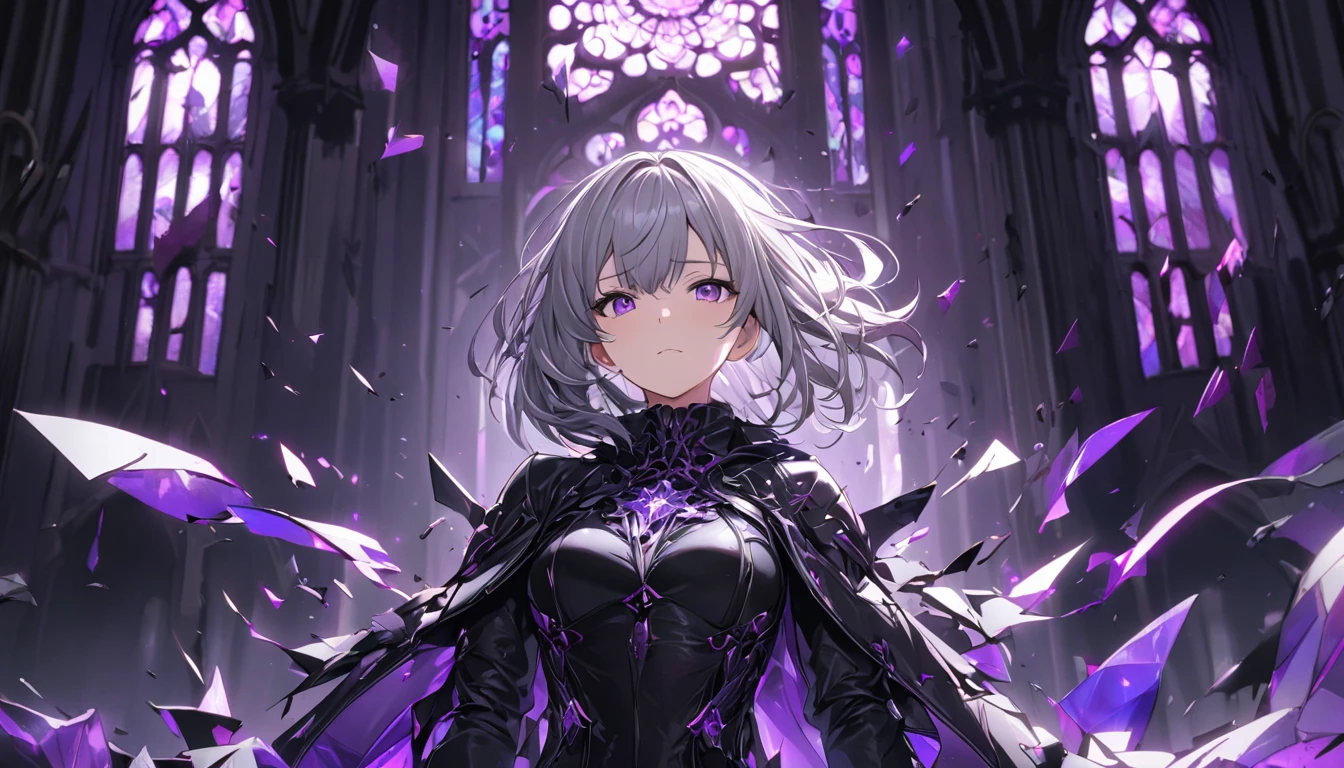 **148. One person。mysterious。girl。Cowboy shot or close-up。masterpiece, best quality, ultra detailed (Detailed fingers), (Emotional), (Breathtakingly beautiful), (main part: 1.2 Whole body。), (Anime Style), (Very detailed), (Brutal), (超High resolution, High resolution), (8k), (High resolution: 1.2), (Complex and beautiful: 1.2)**
- background: Abandoned old cathedral、Stained glass shatters。
- girl: A delicately drawn black leather suit、Purple Eyes、Short grey hair。Beautiful gloved hands。
-pose: Put your hands on your hips、Staring ahead with a strong gaze。
-expression: Calm and intimidating expression、His gaze is sharp and pierces the front.。
- Effects: Debris floating around her、A purple aura surrounds her.。
-color: Purple light stands out against the dark toneysteriousで不気味な雰囲気。