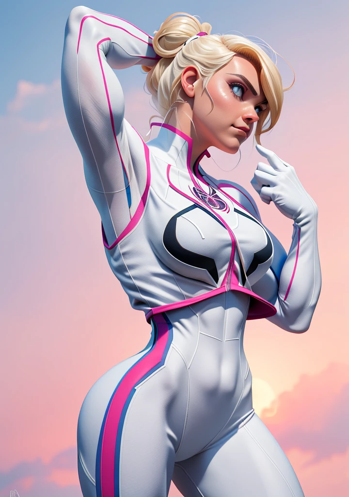 18yo SpiderGwen，White Spider-Man suit，short and wavy hair，blondehair，beautifulface，hoodie, action pose, lluvia，teto，The Masterpiece，exquisite detailing，Perfect anatomy，((((Huge Muscles)))),  best qulity，ultra-highresolution，4k