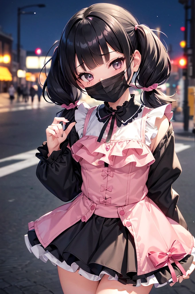 (nsfw),(8k、Best image quality、Highest quality、masterpiece)、Detailed face、One Girl、Black Hair、((Twin tails))、Blunt bangs、short hair、Wavy Hair、Grey Eyes、Wicked Smile、Grin、((mask))、Moderate bust、Pink clothes、Frills、Black Ribbon、Black mini skirt、Frills、jirai kei attire、Cowboy Shot、Night downtown background