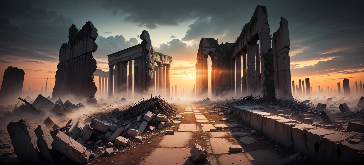 夕陽西下的一座ruins城市的阿拉法德圖像, post apocalyptic ancient ruins, dark ruins landscape, background is the ruins, ruins landscape, End of the world day background, ruins on the background, Doomsday environment, ruins of hell, doomsday landscape, End of the world day background, crumbling ruins, ominous End of the world day background, ruins, Apocalypse of Destruction and Despair, old ruins, dark city ruins ,((low angle shot 1.7)) ((Camera lens close to the ground to shoot 1.8))