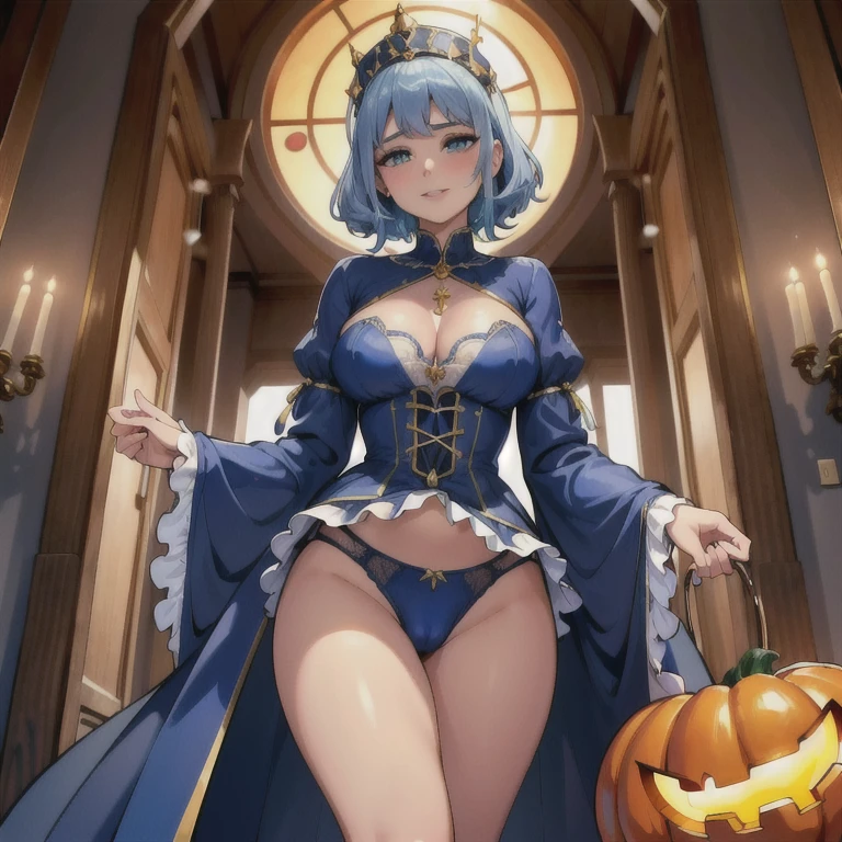BIG TITS - Cameltoe - Niples - Small waist - big hips - Une magnifique Cendrillon fine, châtain, avec une poitrine surdéveloppée descend gracieusement d'un carrosse de conte de fées en forme de citrouille d'Halloween. elle a les yeux bleus et la bouche entrouverte. Sa robe fendue jusqu'au nombril en dentelle transparente large mailles élégante laisse voir une culotte avec cameltoe, et épouse sa silhouette accentuant ses courbes. Ses cheveux en vagues lâches captent la lumière. L'arrière-plan présente une représentation onirique et légèrement abstraite d'un château au crépuscule avec un éclairage doux et chaud dans des tons d'or et de bleu, créant une atmosphère romantique et magique. Des étoiles scintillantes parsèment le ciel crépusculaire, rehaussant la qualité éthérée. Le carrosse en forme de citrouille d'Halloween, conçu avec des détails tourbillonnants et des accents dorés, ajoute un charme de conte de fées. Un chemin pavé, bordé de lanternes lumineuses, mène au château, entouré de fleurs éclatantes et de verdure luxuriante., seductive smile, light blush, excited, Nikon, Dutch Golden Age painting, masterpiece, best quality, award winning