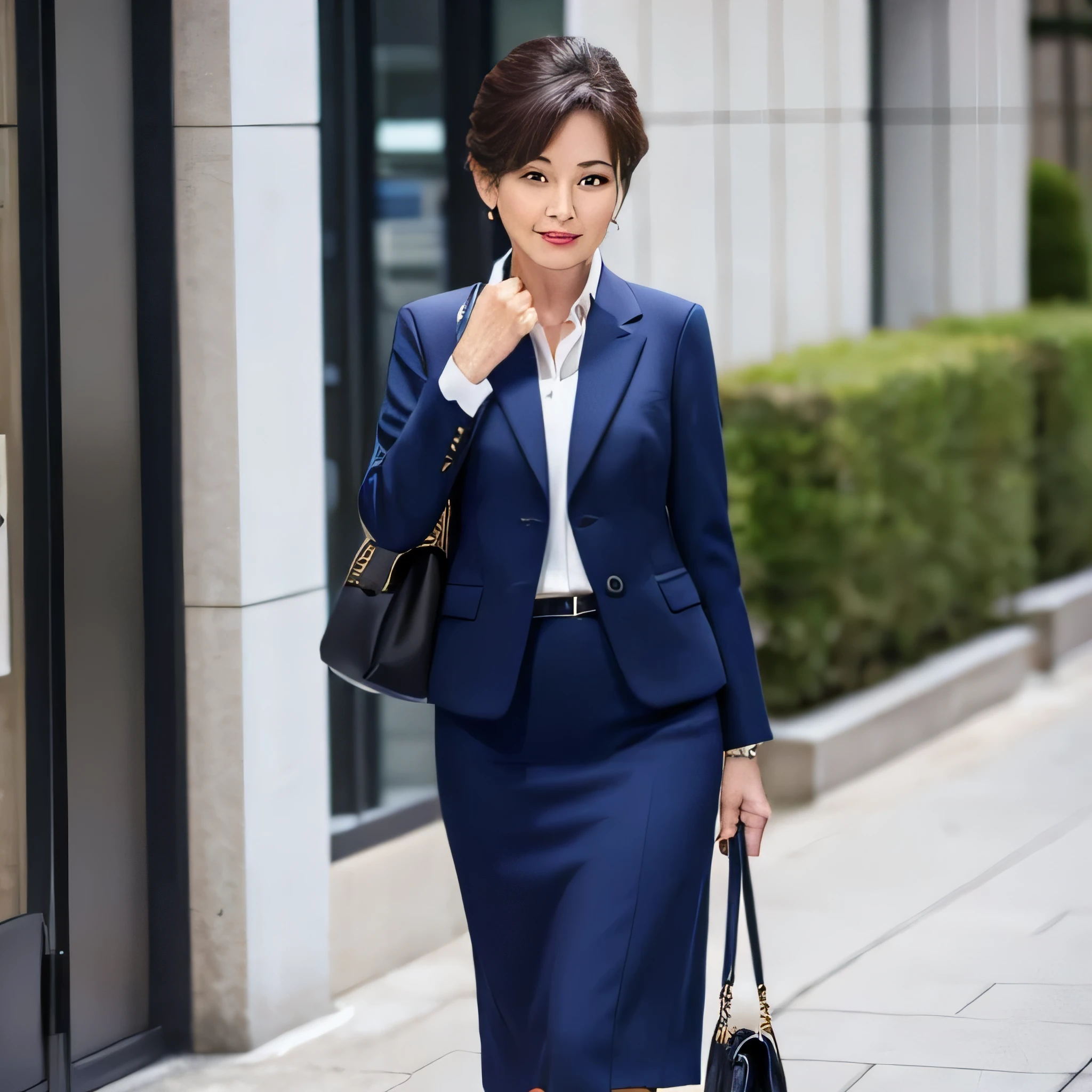 60-year-old woman、Tight Skirt、suit、navy blue、Mid-calf length