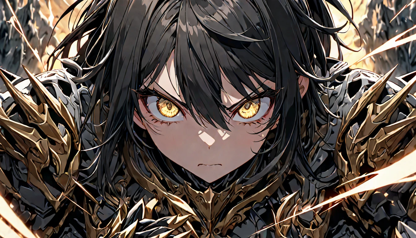 **149. One person。mysterious。girl。Cowboy shot or close-up。masterpiece, best quality, ultra detailed (Detailed fingers), (Emotional), (Breathtakingly beautiful), (main part: 1.2 Whole body。), (Anime Style), (Very detailed), (Brutal), (超High resolution, High resolution), (8k), (High resolution: 1.2), (Complex and beautiful: 1.2)**
- background: Desolate Battlefield、Dark clouds。
- girl: Intricately rendered battle armor、Golden Eyes、Black hair ponytail。Sharp claws are characteristic。
-pose: Chest tension、Standing in a dignified position。
-expression: A cold and confident look、His gaze is defiantly fixed on the front。
- Effects: Thunder roaring in the background、A dark mist surrounds her。
-color: Golden light shines on dark tones、An intimidating atmosphere。
