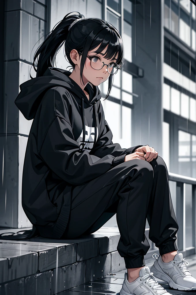 black and white illustration of young girl in rain city, sitting on ledge of building, 1girl, solo, shoes, hood, glasses, rain, sitting, ponytail, black hair, long hair, hoodie, sneakers, pants, blurry, black-framed eyewear, long sleeves, night, hood down, bangs, closed mouth, blurry background