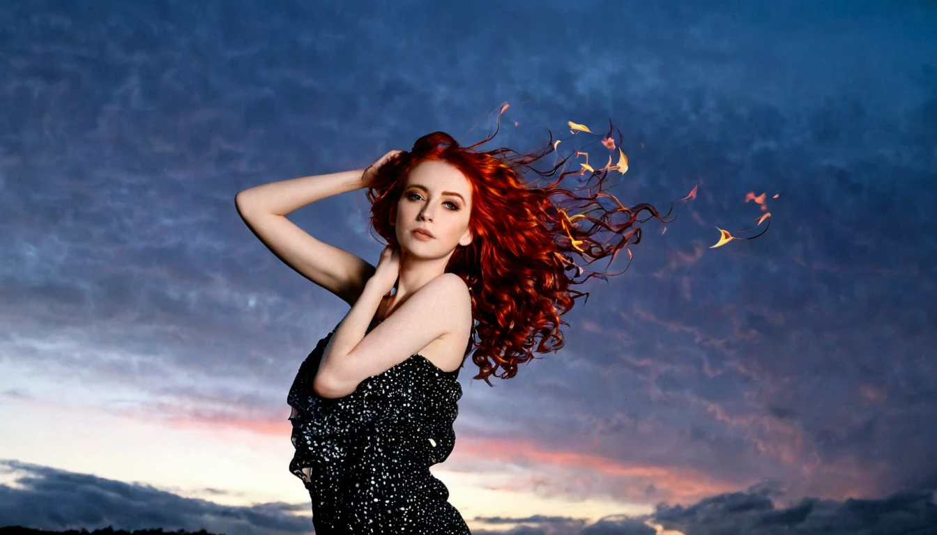 a photograph of a redhead woman with windswept tresses, her hair entangled like flames against a twilight sky, emanating untamed beauty