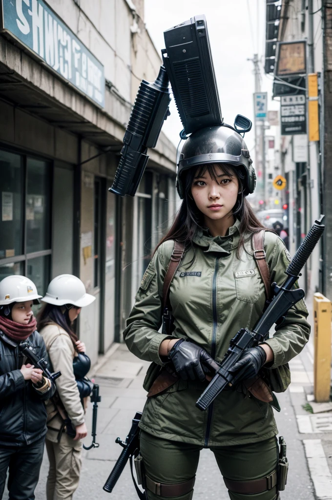 a sketch of a woman with weapons and a helmet on her head and a gun in her hand, with other people behind her, underground comics, por Kim Jung Gi