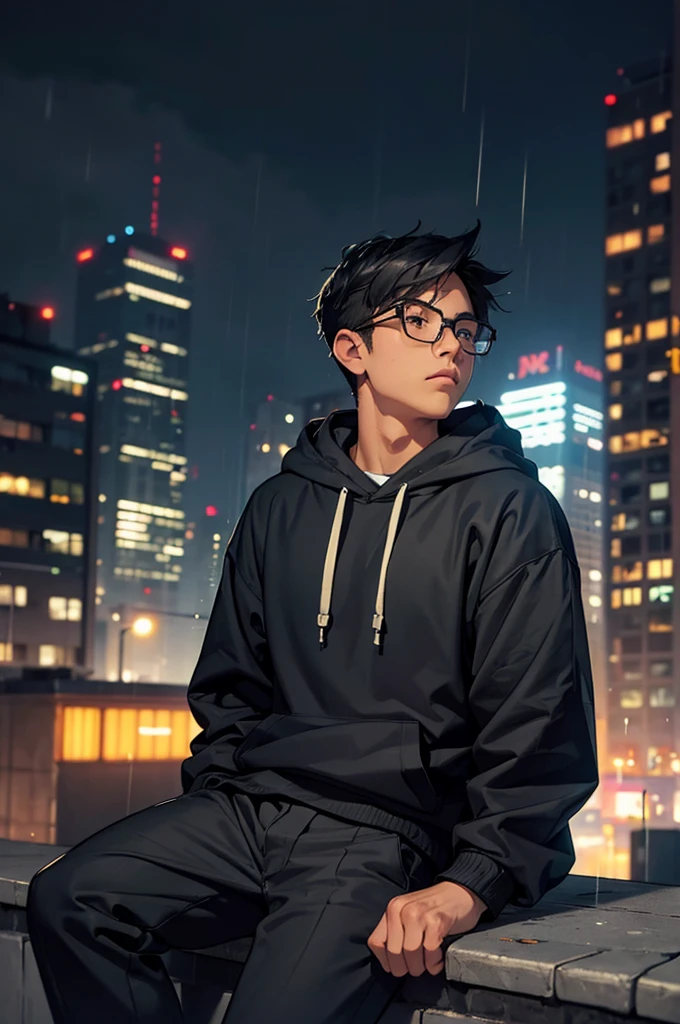 a boy sitting in front of some buildings looking up to a city, hood, 1boy, sitting, male focus, solo, hood down, glasses, rain, hoodie, blurry, outdoors, night, blurry background, black hair, pants