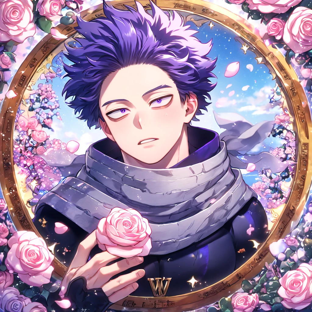 absurdres, highres, ultra detailed, HDR, masterpiece, extremely detailed, Shinsou Hitoshi, indigo hair, messy hair, expressive purple eyes, Boku No Hero Academia, solo, sexy man, handsome, sensual, horny, gray scarf, black hero clothes, water, magical, fantasy, glittering, shining, pink roses, blossoms, petals, in woderland, clock