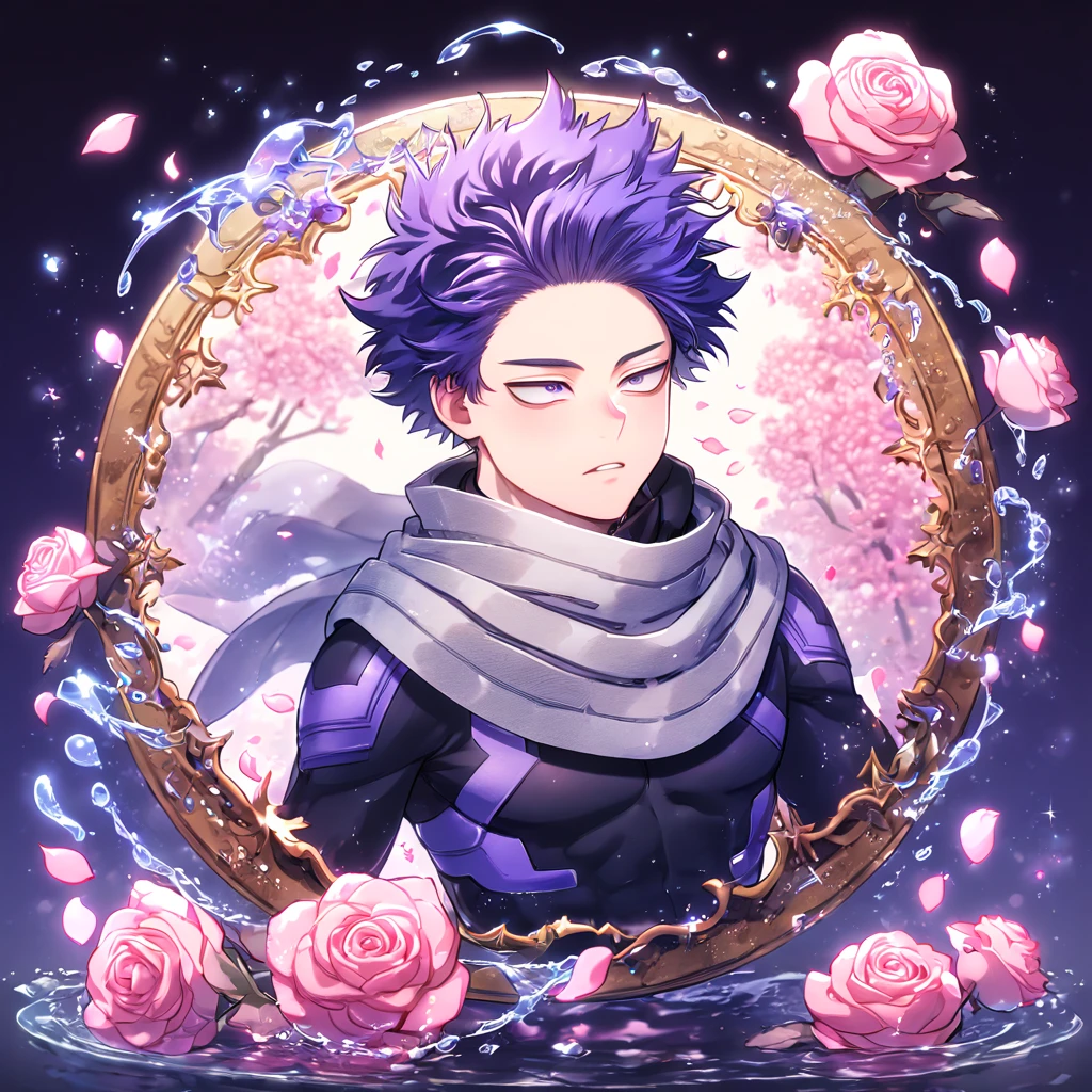 absurdres, highres, ultra detailed, HDR, masterpiece, extremely detailed, Shinsou Hitoshi, indigo hair, messy hair, expressive purple eyes, Boku No Hero Academia, solo, sexy man, handsome, sensual, horny, gray scarf, black hero clothes, water, magical, fantasy, glittering, shining, pink roses, blossoms, petals, in woderland, clock