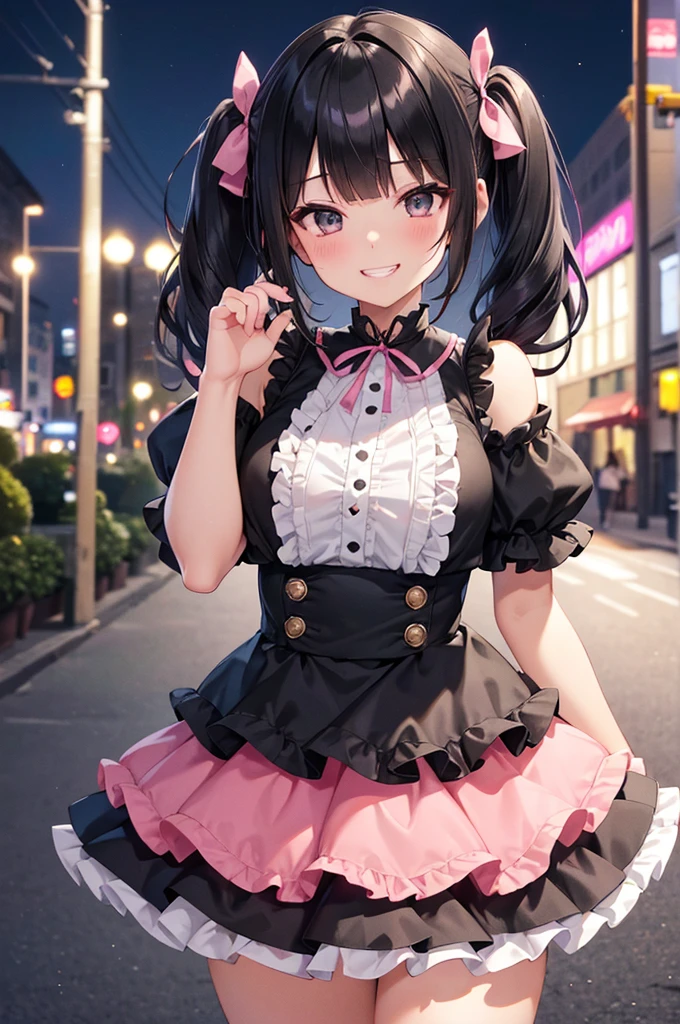 (nsfw),(8k、Best image quality、Highest quality、masterpiece)、Detailed face、One Girl、Black Hair、((Twin tails))、Blunt bangs、short hair、Wavy Hair、Grey Eyes、Wicked Smile、Grin、((mask))、Moderate bust、Pink clothes、Frills、Black Ribbon、Black mini skirt、Frills、jirai kei attire、Cowboy Shot、Night downtown background