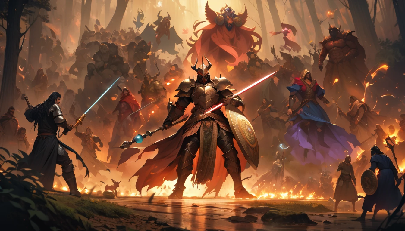 (masterpiece:1.4), (Highest quality:1.4), Very detailed, Complex, Very detailed, shape,Soft lighting, Scenic, (((Persian Demon))) Highest quality, Ultra-high resolution, 4K detailed CG, masterpiece, Angra Mainyu,God of Destruction and Darkness, Persian Clothing,Persian mythology, Iran,Persian Empire,((Are standing)) Persian painting styles, aesthetics, Beautiful images, Depth of written boundary, In the center of the canvas,Swinging a sword, A face full of fighting spirit, Spirit, More than one person, Mixed, a group of adventurers, character from RPG games, (character: human, Fairy, Fairy, Dwarf, The Hobbit), (exterior: Swordsman Style, Shaman Style, Monk Style, Magician style), (averi: Long sword, dagger, Holy Staff, Magic wand, shield, metal armor, Leather Armor), Perfectly accurate anatomical shape、All limbs intact、Perfect full finger, Colorful characters, fight, Huge, Majestic, fightヒーロー, Uplifting expressions, In the dark forest.