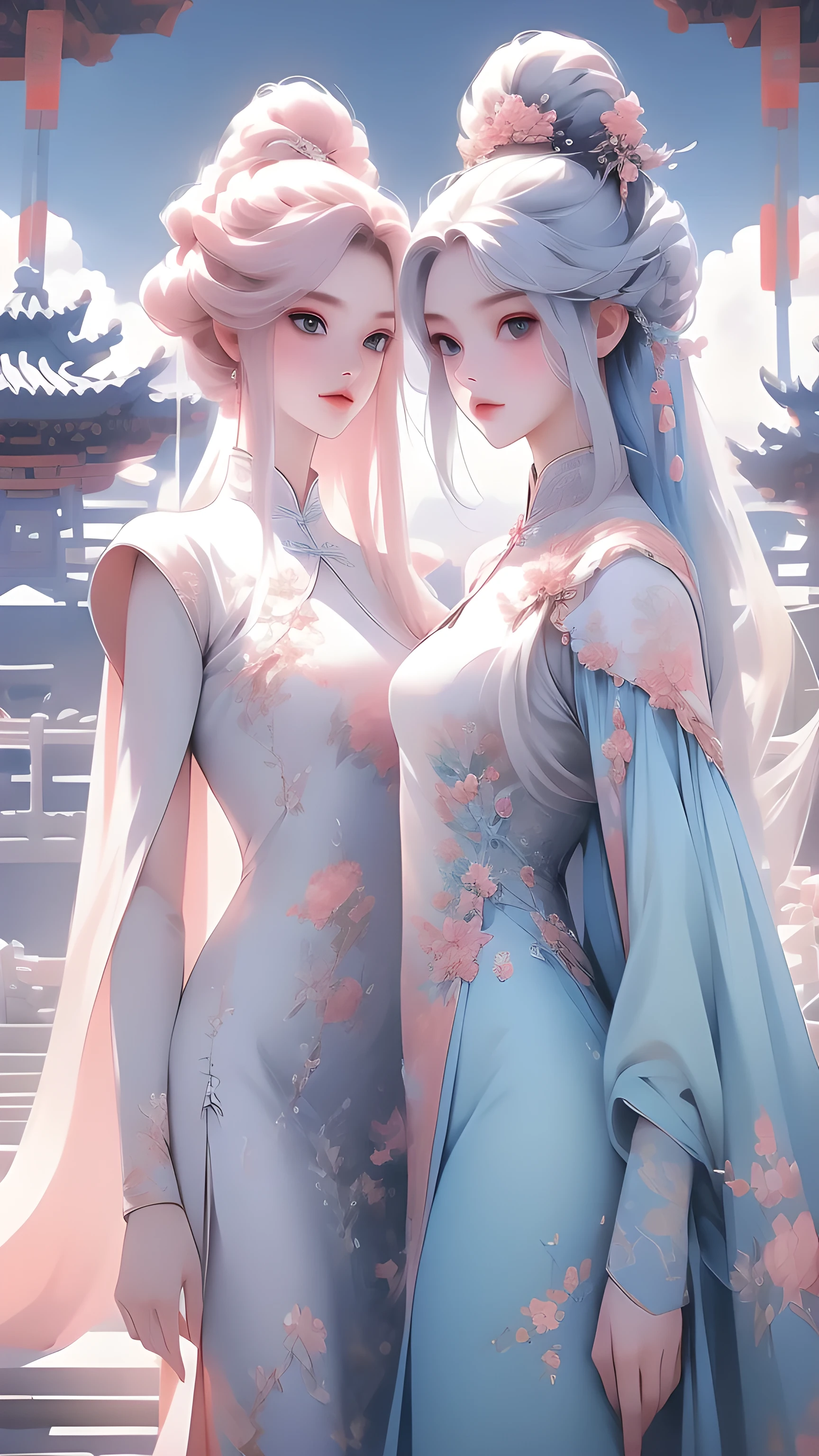 High quality image 8k resolution sky landscape blue space picture 2 beautiful girls with long light pink hair chinese fashion style behind the 2 girls is a colorful blooming garden honest clear every detail camera f2.4 resolution original camera frame f1.8 Ultra HD