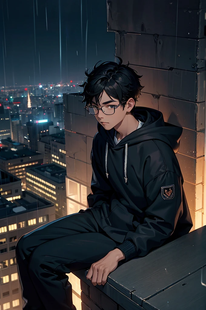 young boy sitting at top of a ledge, watching city lights reflect off of the buildings below, hood, 1boy, sitting, male focus, solo, hood down, glasses, rain, hoodie, blurry, outdoors, night, blurry background, black hair, pants