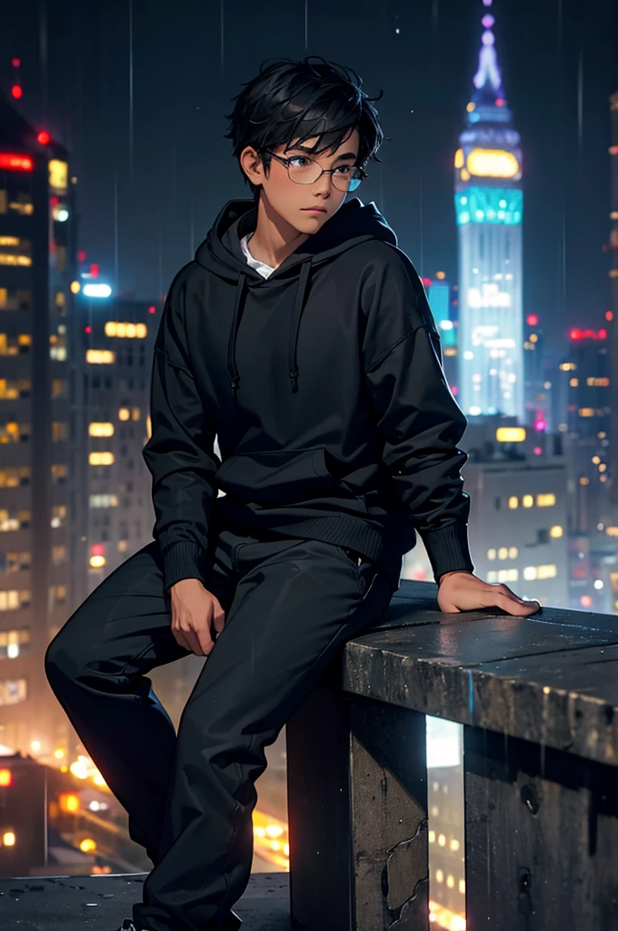 young boy sitting at top of a ledge, watching city lights reflect off of the buildings below, hood, 1boy, sitting, male focus, solo, hood down, glasses, rain, hoodie, blurry, outdoors, night, blurry background, black hair, pants