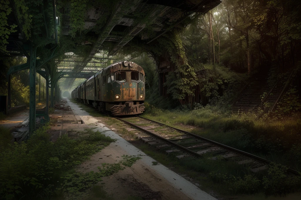 There is a train running under a bridge in the woods, abandoned railroad, an abandoned rusted train, abandoned railroads, Overgrown environment, Overgrown place, Post-apocalyptic atmosphere, an Overgrown, Overgrown, vegetation inspiration, Overgrown city, abandoned, Realistic dark concept art, dieselpunk train station, post apocalyptic scene, Post-End Day Setting