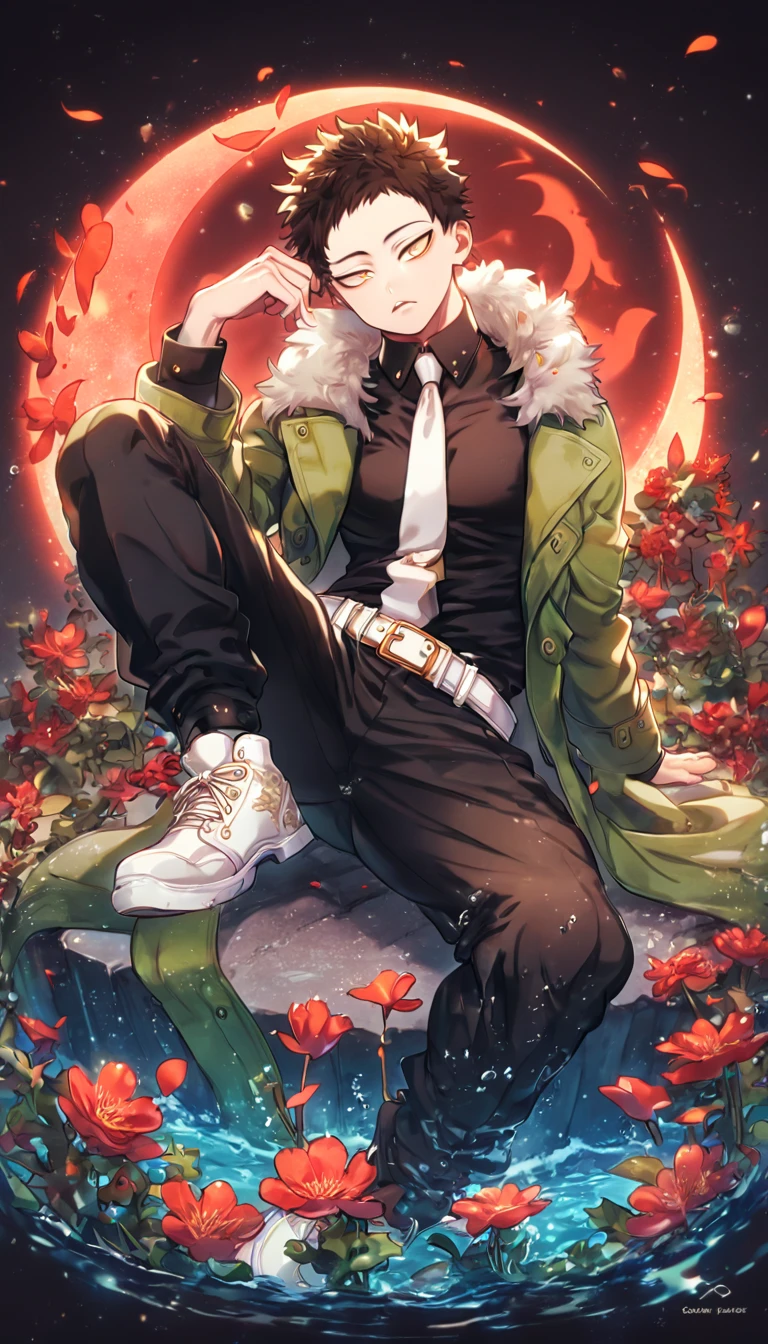 absurdres, highres, ultra detailed, HDR, master piece, Overhaul, dark brown hair, short hair, short bangs, expressive yellow eyes, long eyelashes, green coat with a fur collar, black shirt, white necktie, black pants, white belt, white shoes, Boku No Hero Academia, sexy man sitting, handsome, best quality, red glittering crescent moon, red flowers, fantasy, magical, solo, water, red shining fireflies, red petals, sensual
