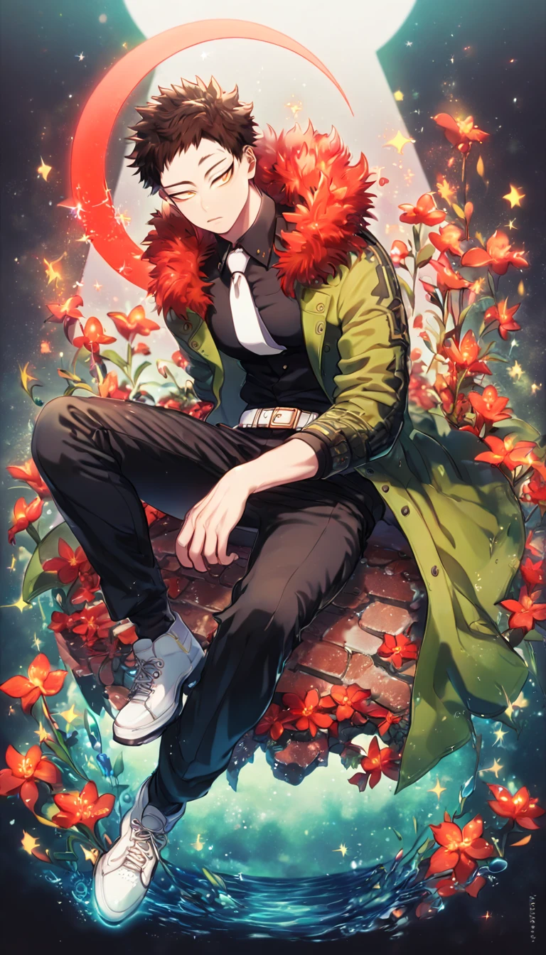 absurdres, highres, ultra detailed, HDR, master piece, Overhaul, dark brown hair, short hair, short bangs, expressive yellow eyes, long eyelashes, green coat with a fur collar, black shirt, white necktie, black pants, white belt, white shoes, Boku No Hero Academia, sexy man sitting, handsome, best quality, red glittering crescent moon, red flowers, fantasy, magical, solo, water, red shining fireflies, red petals, sensual
