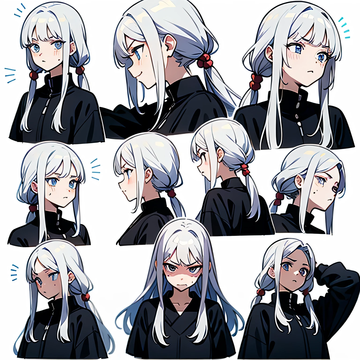 21 years old, White hair girl, armpit hair length (((whimper,Embarrassed face, Excited face, Angry face))) Jeans and tight tops, ((Odango hairstyle)) (((Detailed character list, Front view, side view, Three-quarter view))) (((White background)))