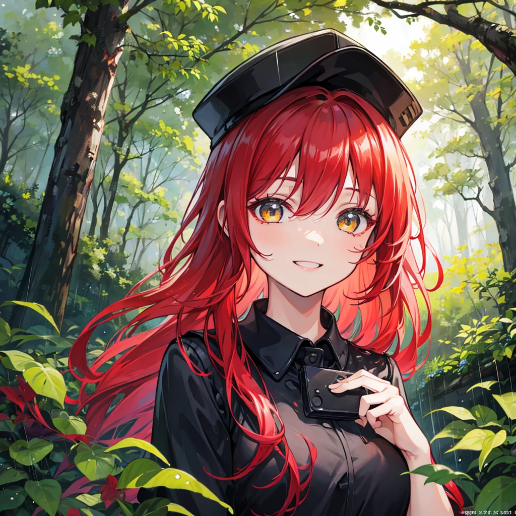 Forest, it's raining, there's a stream、30 years old、The girl is playing、Yellow eyes、(portrait:1.4)、(Very smiling:1.2)、Long red hair、Jeans、Black shirt、Black cap