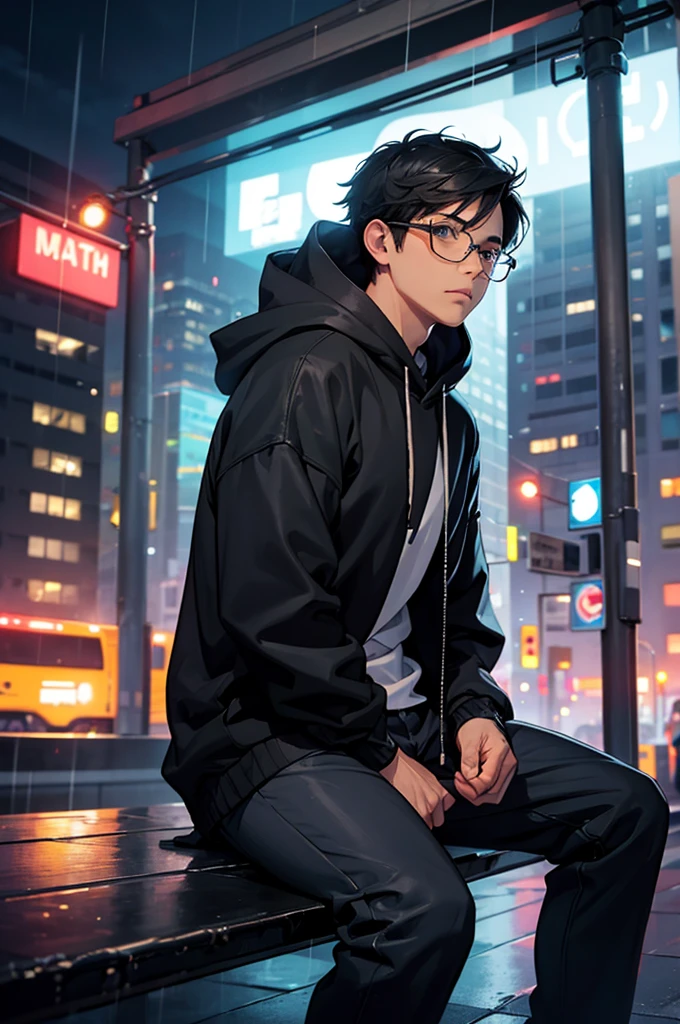 boy looking out at the rainy streets with city lights in the background 3, hood, 1boy, sitting, male focus, solo, hood down, glasses, rain, hoodie, blurry, outdoors, night, blurry background, black hair, pants