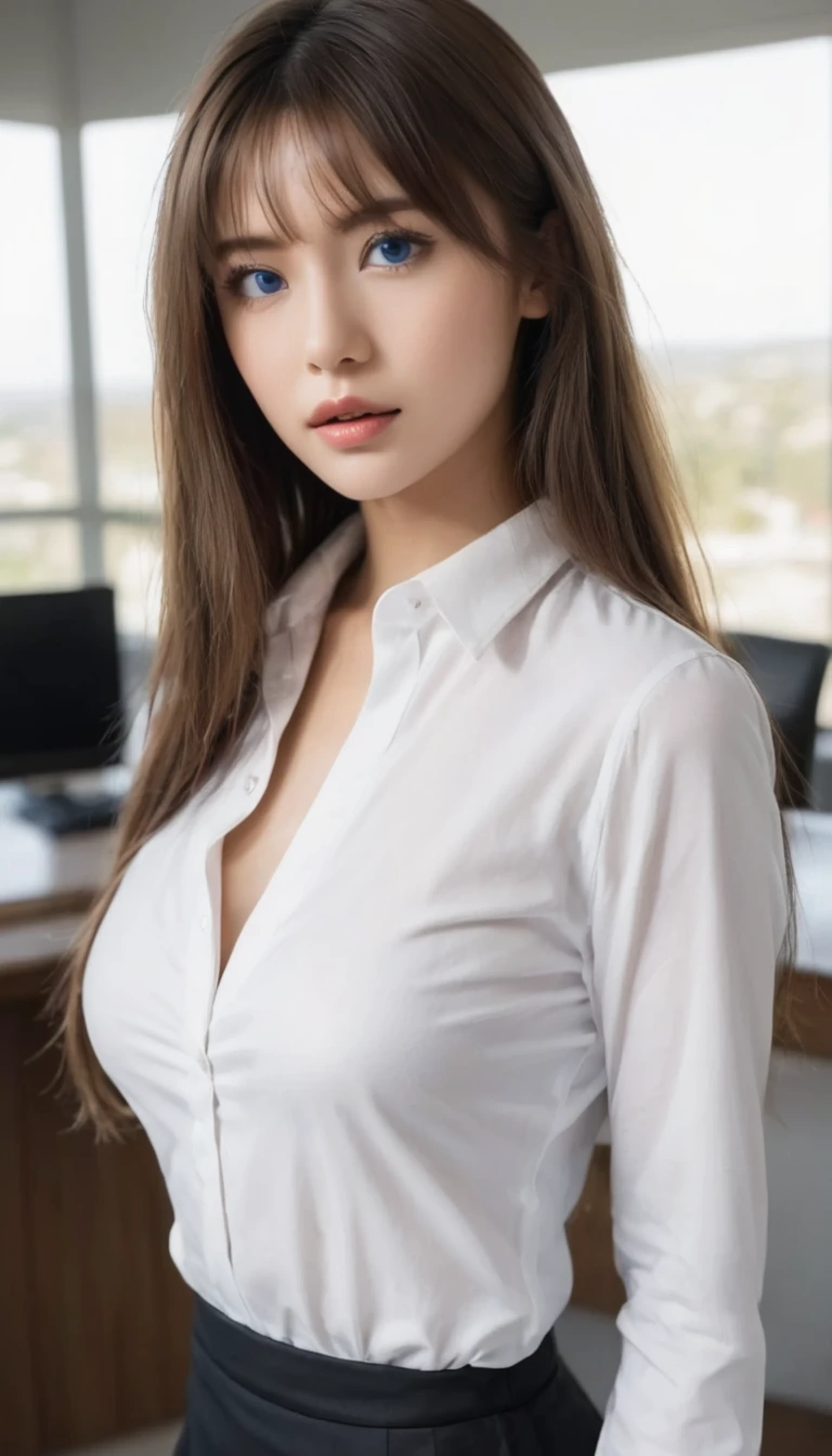 (point at viewer:3),(perspective:2),BREAK,kur1, 1girl, solo, alone, (insanely detailed and intricate:1.6) ,(HDR rendeing:1.8),(absurdres, highres, extremely detailed CG:1.8),(ultra-highest definition, masterpiece, ultra-highest quality:3), (highest resolution, Ultra-high resolution, high resolution:3) , (8K, UHD:3),(Hyper-realistic, Photo-realistic:2), (physically based rendering:1.6),(very delicate and beautiful work:1.5),(ultra-fine description:1.6),(photon mapping:1.6),(ultra-fine picture:1.6),(Clear contours:2),BREAK,(pointing her index finger:3),(Beautiful waist:1.3),(Wrinkle-free waist:1.3),(Supermodel body:1.8),(Straight hair:1.4),(Beautiful Detailed Eyelashes:2),(super detailed eyes, vivid eyes, super detailed face, beautiful clear eyes:3),((Straight hair)), Big eyes, Big eyeballs ,(toned body,slim body:1.4), ((looking at viewer)),((Take pictures without cutting the head)),((big breasts)) ,((beautiful breasts)),(Photographed from the knees up:1.3),(From knee up:1.4), (Thigh up:1.4),BREAK, (long sleeve black tight tailored jacket, black tight skirt: 1.3), (White collared shirt:1.3), In a brightly lit office, Lots of office desks, Large windows