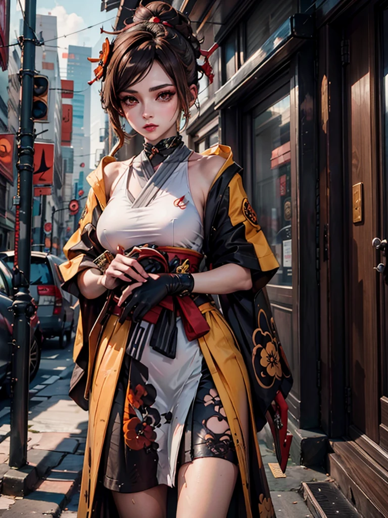 Chiori from Genshin impact, 1girl, wearing a futuristic outfit, cyberpunk outfit, at a future city, cyberpunk look, brown colour hair, 8k, high detailed, high quality
