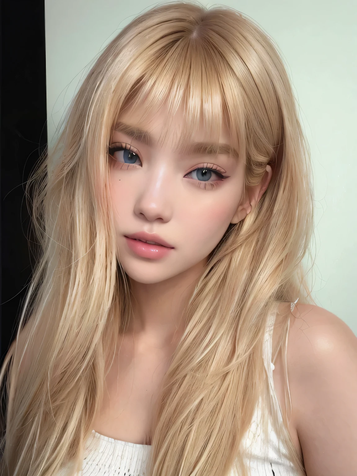 a close up of a woman with long blonde hair and Golpes, Lalisa Manobal, with full Golpes, with Golpes, neat hair with Golpes, long hair with Golpes, long hair with full Golpes, retrato de kim petras, white Golpes, franja recta, fluffy Golpes, full Golpes, straight Golpes, center parted Golpes, long straight Golpes, Golpes