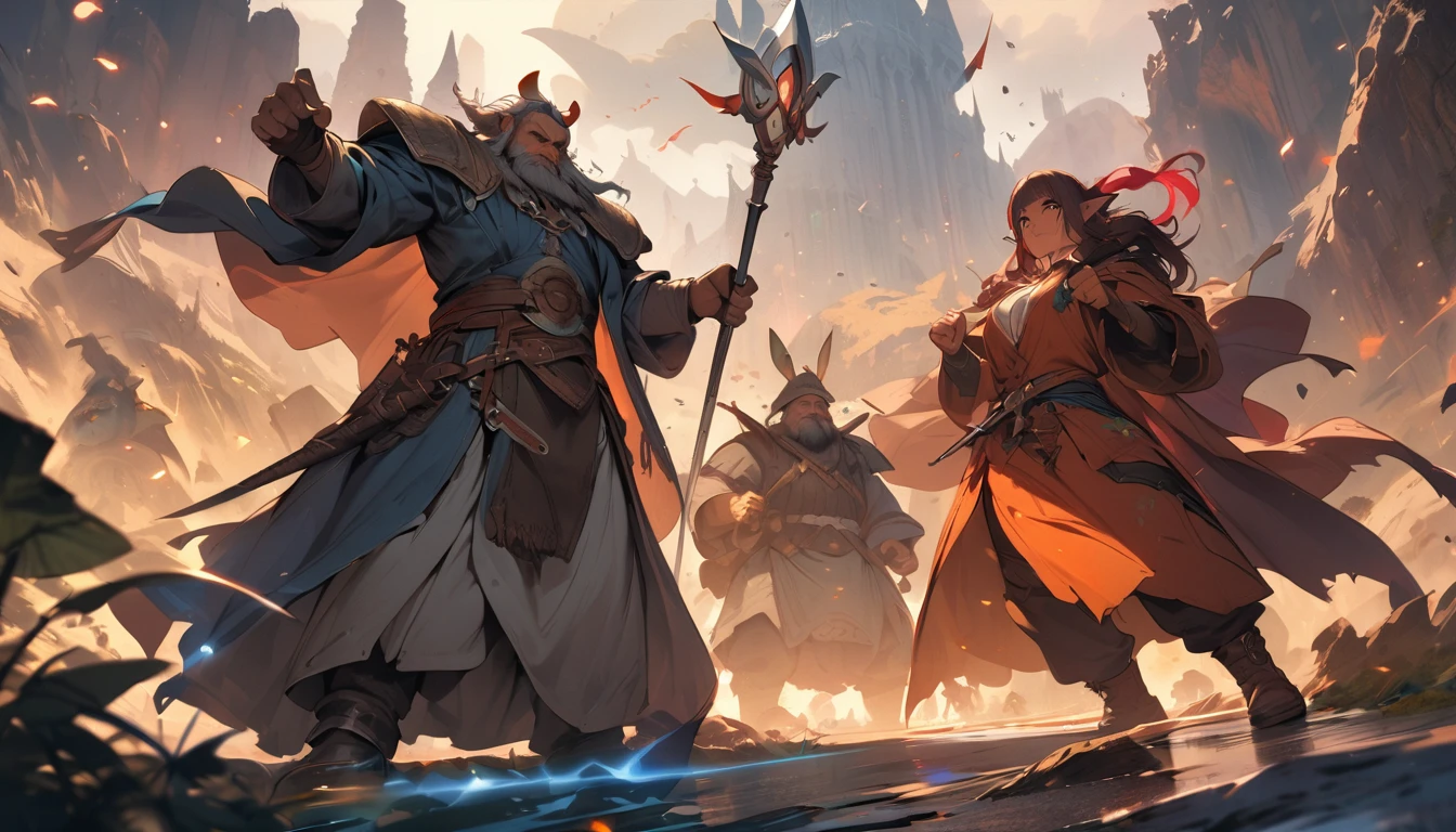 (masterpiece:1.4), (Highest quality:1.4), Very detailed, Complex, Very detailed, shape,Soft lighting, Scenic, Swinging a sword, A face full of fighting spirit, Spirit, More than one person, Mixed, a group of adventurers, character from RPG games, (character: human, Fairy, Fairy, Dwarf, The Hobbit), (exterior: Swordsman Style, Shaman Style, Monk Style, Magician style), (averi: Long sword, dagger, Holy Staff, Magic wand, shield, metal armor, Leather Armor), Perfectly accurate anatomical shape、All limbs intact、Perfect full finger, Colorful characters, A landscape colored in earth tones, Huge, Majestic, Fighting Heroes, Uplifting expressions, Serious face.