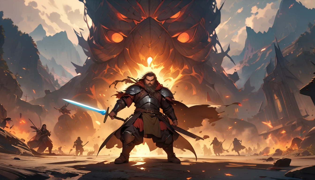 (masterpiece:1.4), (Highest quality:1.4), Very detailed, Complex, Very detailed, shape,Soft lighting, Scenic, Swinging a sword, A face full of fighting spirit, Spirit, More than one person, Mixed, a group of adventurers, character from RPG games, (character: human, Fairy, Fairy, Dwarf, The Hobbit), (exterior: Swordsman Style, Shaman Style, Monk Style, Magician style), (averi: Long sword, dagger, Holy Staff, Magic wand, shield, metal armor, Leather Armor), Perfectly accurate anatomical shape、All limbs intact、Perfect full finger, Colorful characters, A landscape colored in earth tones, Huge, Majestic, Fighting Heroes, Uplifting expressions, Serious face.