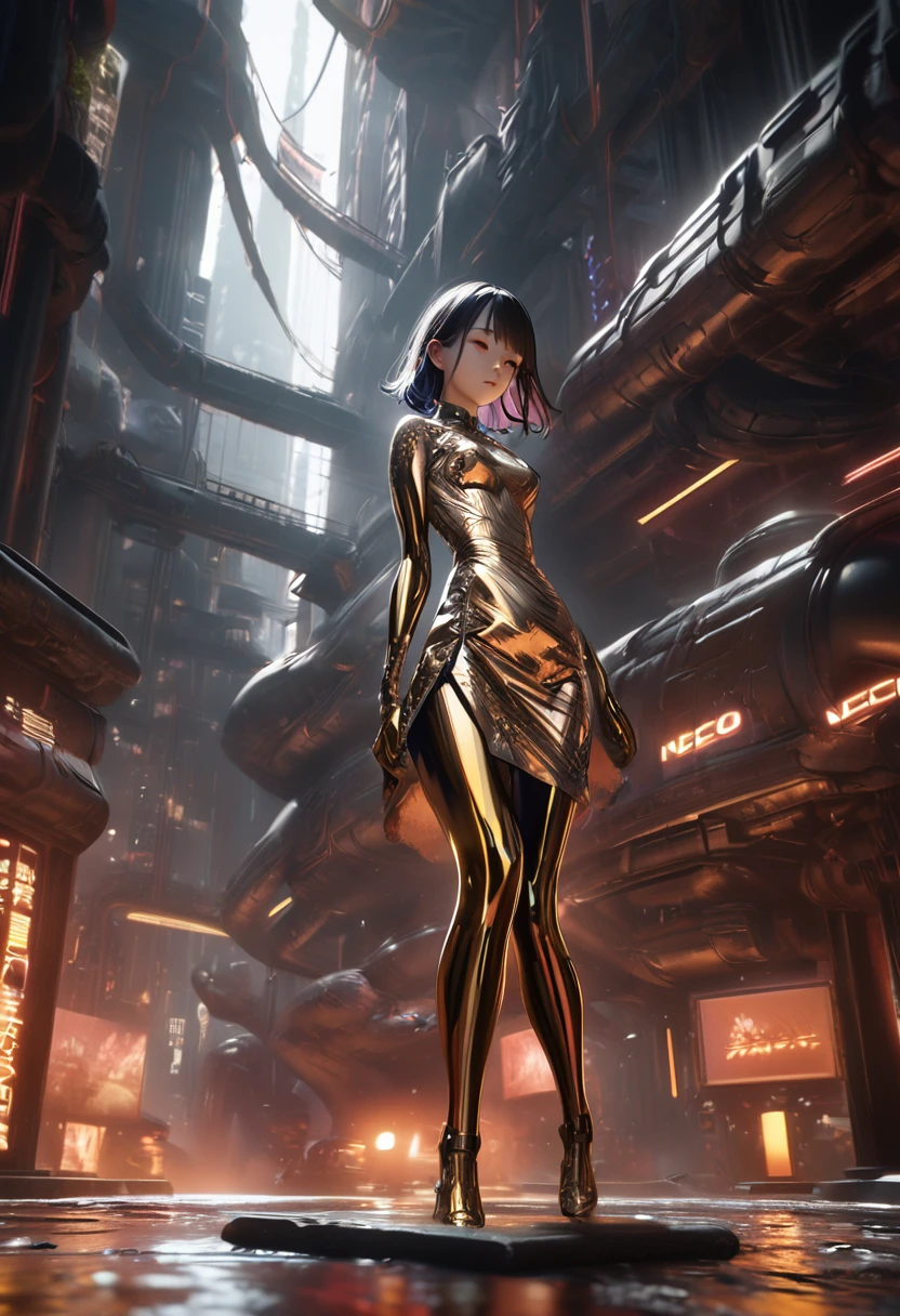 a beautiful young girl in a futuristic metallic liquid body wearing a chinese qipao dress,intricate liquid metal skin,highly detailed face with delicate features,porcelain skin,long dark hair,elegant pose,dramatic lighting,cinematic composition,hyper realistic,8k,photorealistic,masterpiece,advanced 3d rendering,award winning concept art,unreal engine,octane render,cinematic atmosphere,moody colors,dramatic lighting,neon cyberpunk tones,neo-tokyo aesthetic