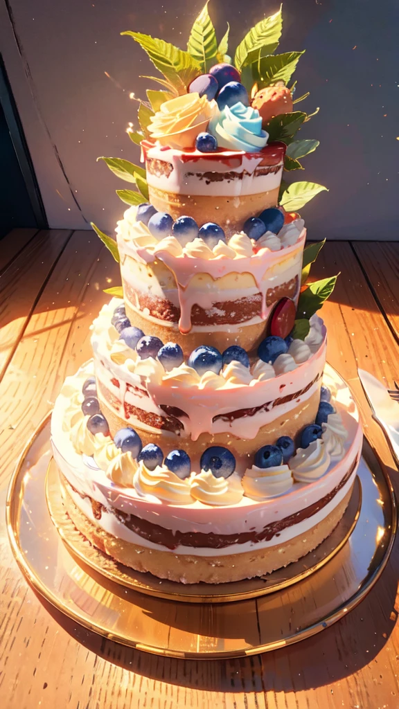 (best quality,4K,8K,high resolution,masterpiece:1.2),Extremely detailed,(Practical,photoPractical,photo-Practical:1.37),Birthday cake close-up,By fruit,chocolate,Ice cream layer cake,Romantic atmosphere
