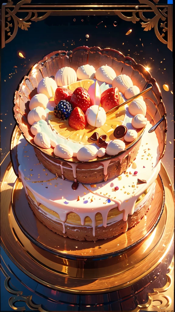 (best quality,4K,8K,high resolution,masterpiece:1.2),Extremely detailed,(Practical,photoPractical,photo-Practical:1.37),Birthday cake close-up,By fruit,chocolate,Ice cream layer cake,Romantic atmosphere