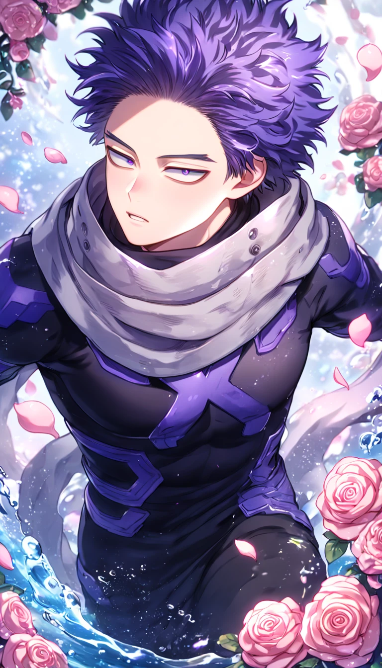 absurdres, highres, ultra detailed, HDR, masterpiece, extremely detailed, Shinsou Hitoshi, indigo hair, messy hair, expressive purple eyes, Boku No Hero Academia, solo, sexy man, handsome, sensual, horny, gray scarf, black hero clothes, water, magical, fantasy, glittering, shining, pink roses, blossoms, petals, in woderland, clock