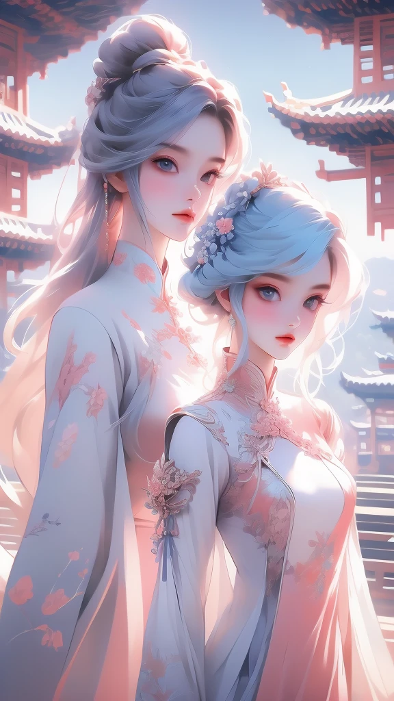 High quality image 8k resolution sky landscape blue space picture 2 beautiful girls with long light pink hair chinese fashion style behind the 2 girls is a colorful blooming garden honest clear every detail camera f2.4 resolution original camera frame f1.8 Ultra HD