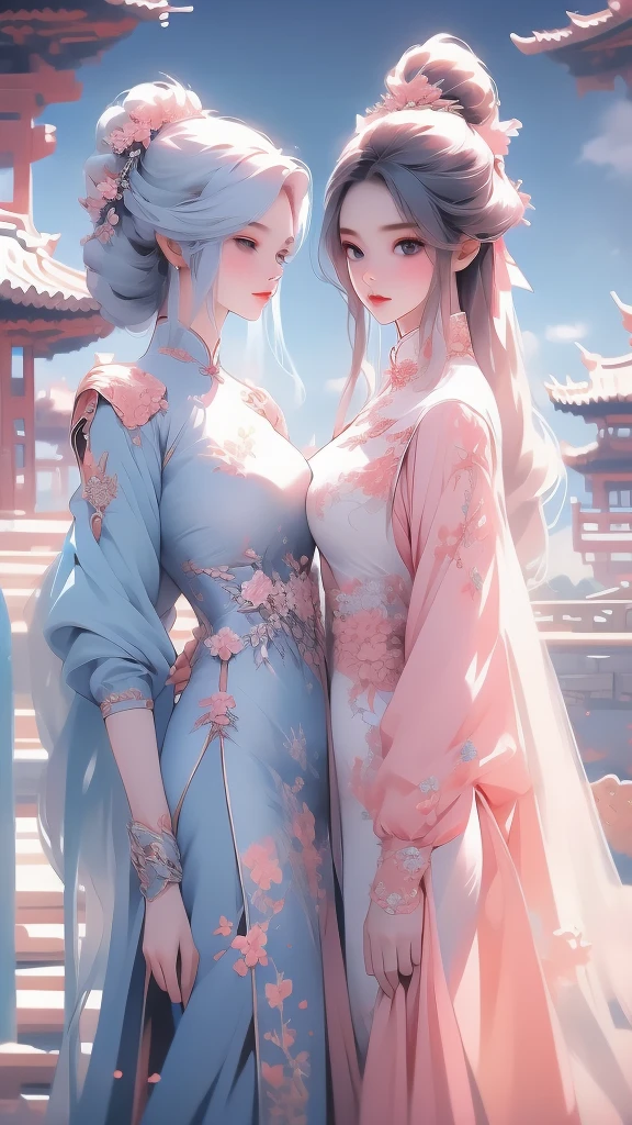 High quality image 8k resolution sky landscape blue space picture 2 beautiful girls with long light pink hair chinese fashion style behind the 2 girls is a colorful blooming garden honest clear every detail camera f2.4 resolution original camera frame f1.8 Ultra HD