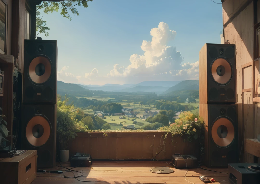 there are two speakers on a wooden floor in front of a window, expansive cinematic vision, 4K cinematic panoramic view, com vista para um vale, Crewdson, balcony scene, detailed panoramic view, inspirado em Gregory Crewdson, 8 mil landscape render, 8 mil. filling of the view, panoramic view, 8k matte painting, 8 mil matte painting