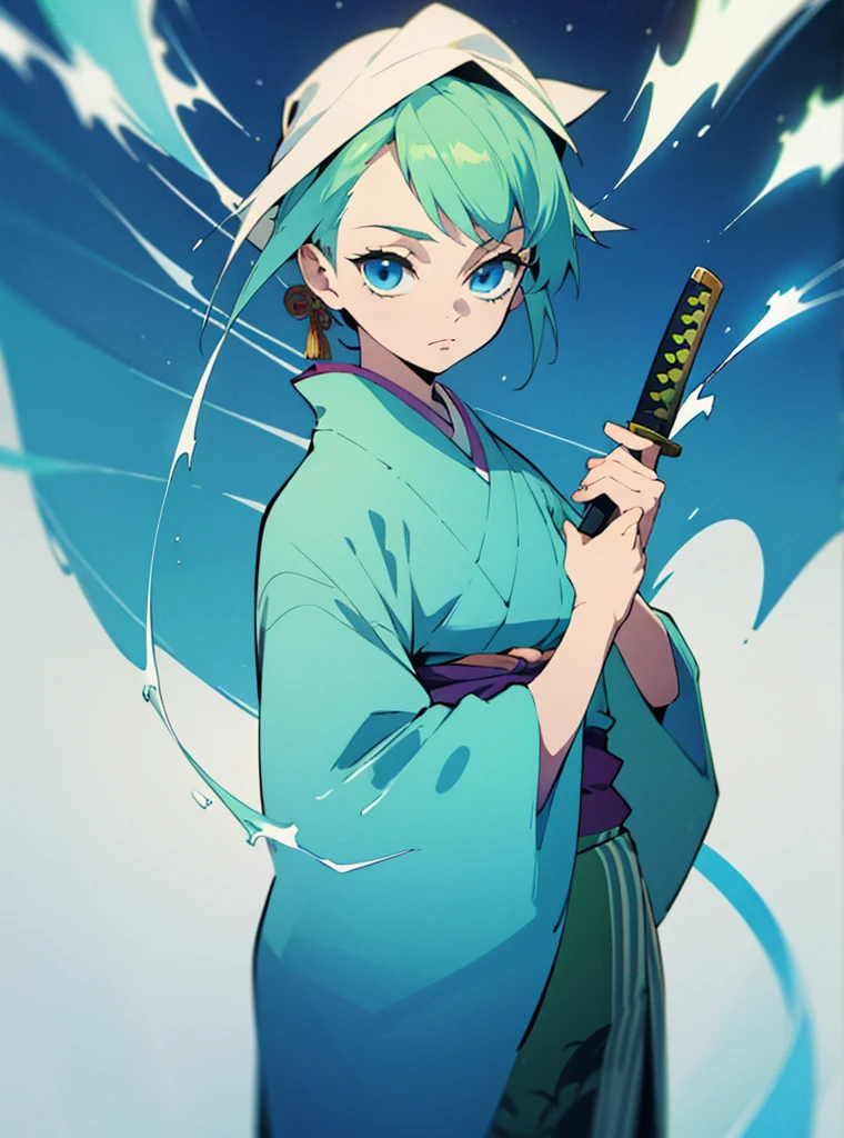 A girl with blue and green hair, light blue eyes. With a decorated kimono and a white katana